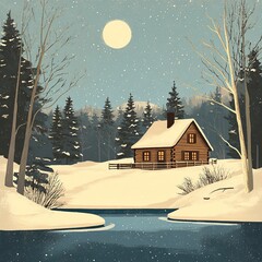 A stylized retro postcard showcasing a cozy winter cabin in a snowy landscape.
