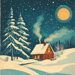A stylized retro postcard showcasing a cozy winter cabin in a snowy landscape.