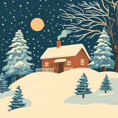 A stylized retro postcard showcasing a cozy winter cabin in a snowy landscape.