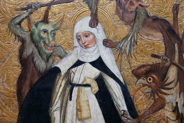 Naklejka premium The National Museum. St Catherine of Siena tormented by demons. 1500 wood panel. Warsaw. Poland.