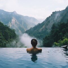 A traveler soaking in a natural hot spring with misty mountains in the background.