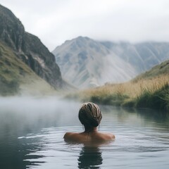 A traveler soaking in a natural hot spring with misty mountains in the background.