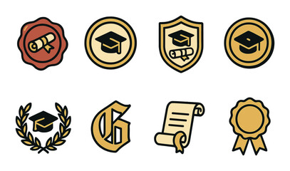 Classic graduation seal logos isometric set. wax seal with scroll, circle border with cap, crest with ribbon and diploma, formal gold stamp, academic