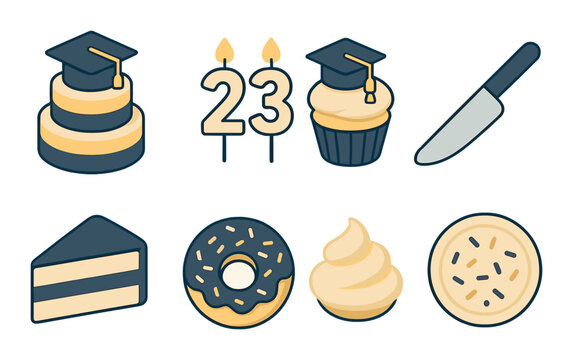 Graduation cake clipart isometric set. tiered cake with cap, number candles, cupcake with tassel, cake knife, cake slice, sprinkle donut, frosting swirl.