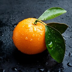 Fresh tangerine with leaves and water droplets on dark background