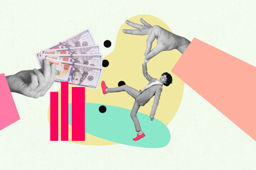 Collage trend artwork composite sketch poster of hand hold young boy hang money banknote motivation elementary autumn season student learn