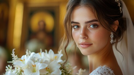 Lovely bride with sparkling eyes and soft makeup holds a bouquet of white lilies while standing in a stunning historic church showcasing intricate details and warm lighting