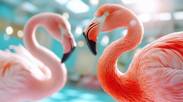 Two vibrant pink flamingos are captured in a soft-focus tropical setting, showcasing their graceful forms and striking colors against a beautiful aqua background. - Powered by Adobe