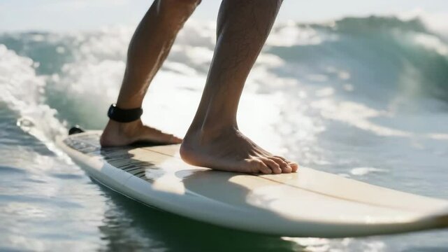 Low front camera view of a surfer stepping onto the board as sunlight glimmers on splashing water. Dynamic perspective and smooth motion create a cinematic look ideal for travel, sport, or lifestyle
