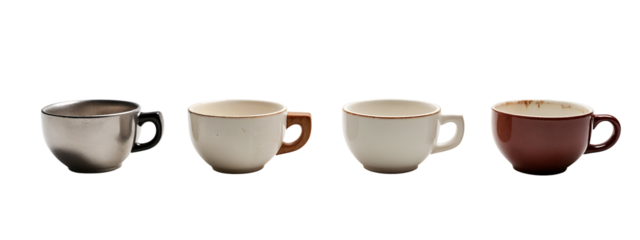 A set of four different colored coffee cups