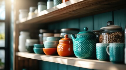 A visually appealing arrangement of colorful kitchenware and jars on a wooden shelf, evoking a sense of warmth and homeliness in culinary settings.