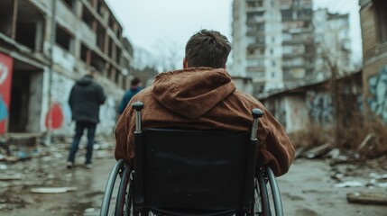 Obraz premium A young man seated in a wheelchair gazing at an abandoned urban landscape, representing resilience and the challenges faced in a changing environment.