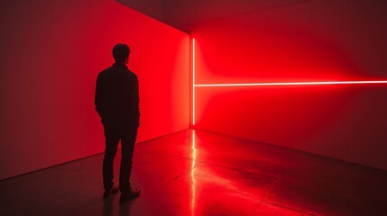 Contemplative Figure in a Striking Red Interior with Neon Lighting