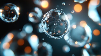 A captivating abstract image featuring translucent bubbles floating amidst vibrant, blurred lights, creating a mesmerizing scene filled with depth and intrigue.