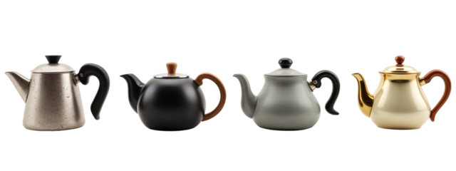 A group of four different colored teapots sitting next to each other.