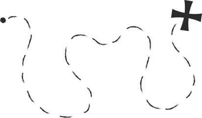 Treasure map element. A dashed line and red X mark ink on the map, the treasure map with a dotted line, an X marks the spot, and the dashed line to a black X	
