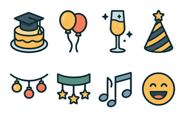 Graduation party icons isometric set. cake with cap, balloons, sparkly drink, party hat, light garland, banner with stars, music notes, laughing emoji