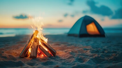 A serene beach scene featuring a lively campfire and a tent, set against a stunning twilight sky, inviting warmth and adventure for outdoor enthusiasts.
