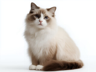 Fluffy Ragdoll Cat Sitting On White Background