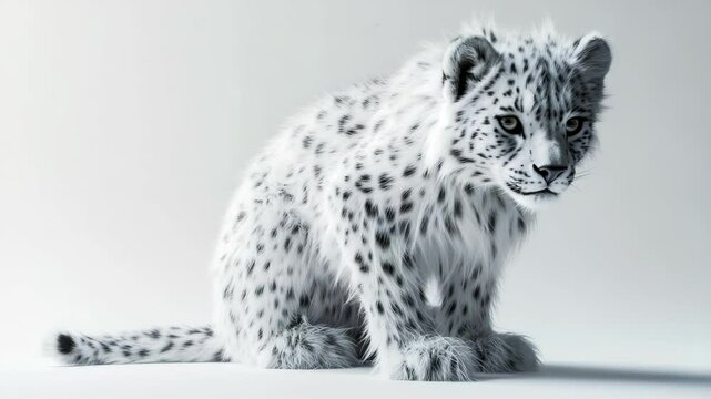 Adorable and Majestic Snow Leopard Cub Poses on a White Background Studio Shot