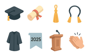 Graduation day essentials isometric set. graduation cap, diploma scroll, tassel, honor cord, academic gown, 2025 banner, stage podium, clapping hands