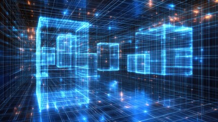 Metaverse construction with glowing cubes and grid in cyberspace