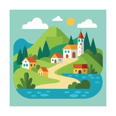 Flat Style Village Landscape with Lake and Hills

