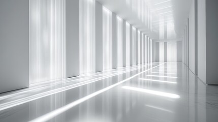 Fototapeta premium Sunlight illuminating empty white corridor with vertical blinds and shiny floor