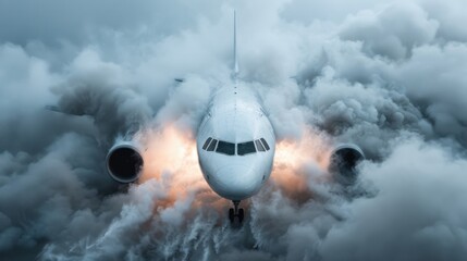 An eye-catching image of an airplane appearing through thick clouds and vivid flames, symbolizing adventure, speed, and the thrill of flight against a dramatic backdrop.