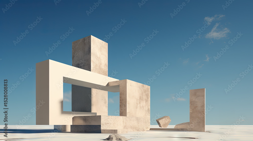 Aufkleber surreal 3d concrete geometric structure under clear sky in desert landscape
