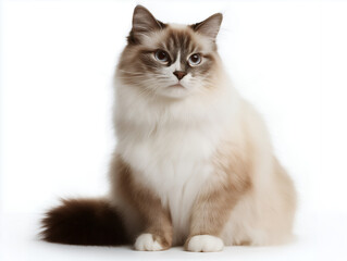 Fluffy Ragdoll Cat Sitting On White Background