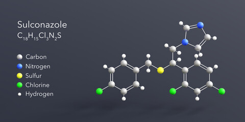 sulconazole molecule 3d rendering, flat molecular structure with chemical formula and atoms color coding