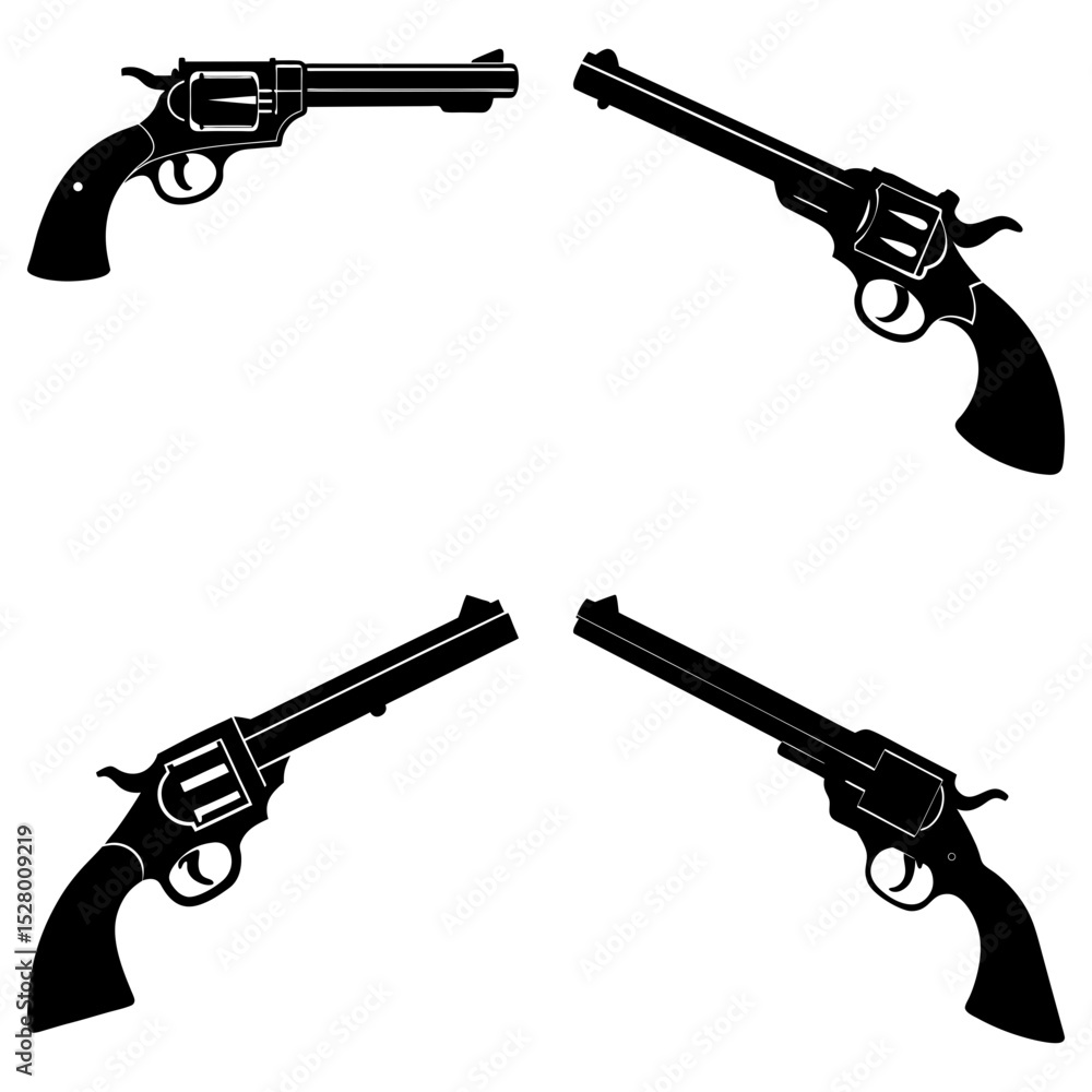 Poster four black revolvers arranged symmetrically on a white background in a repeating pattern design elem