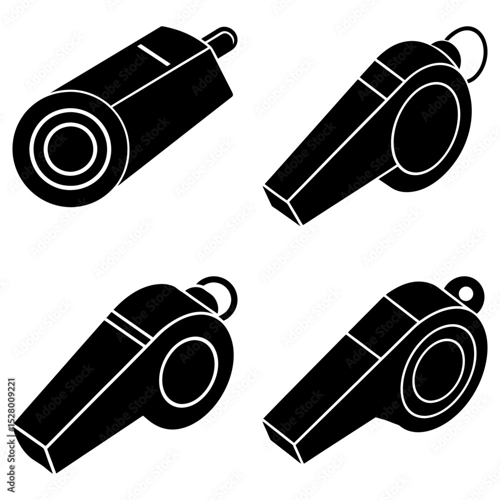 Poster collection of black and white whistles in various isometric views on a white background design eleme