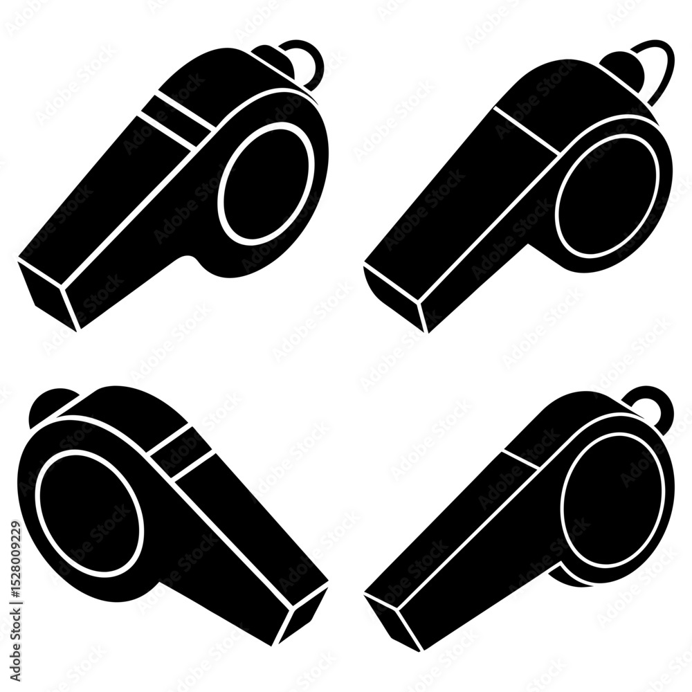 Poster four black whistles arranged in a square formation on a white background in a simple vector graphic