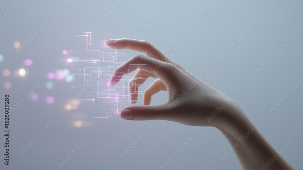 Poster futuristic human hand interacting with glowing digital interface, concept of artificial intelligence