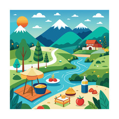 Naklejka premium Scenic River Picnic with Mountain View in Flat Vector Style