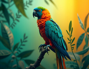 Vivid macaw perched on a branch against a serene tropical background