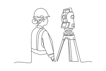 Simple continuous line drawing of surveyor engineer setting equipment. Engineer minimalist concept. Surveyor engineers with equipment, theodolite or total positioning station on the construction site