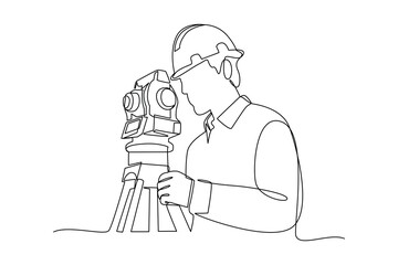 Simple continuous line drawing of surveyor engineer setting equipment. Engineer minimalist concept. Surveyor engineers with equipment, theodolite or total positioning station on the construction site