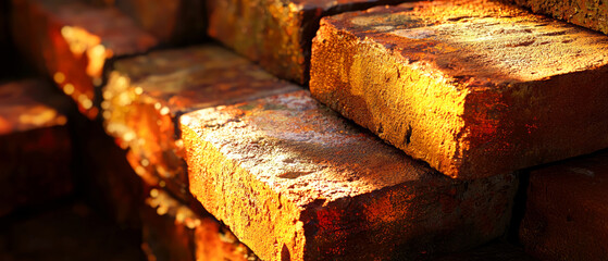 Close-up of a weathered brick wall illuminated by sunlight, with a golden hue highlighting, shimmer the texture and reddish-brown color of the bricks.