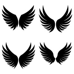 Fototapeta premium Four pairs of stylized black wings spread out against a white background in a symmetrical arrangement