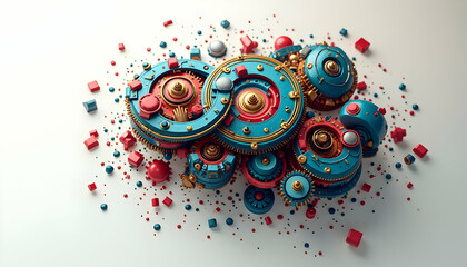Intricate Mechanical Design: Circular Blue and Red Elements on White Backdrop