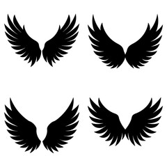 Fototapeta premium Four sets of black wings displayed in a symmetrical arrangement on a white background with detailed feathers