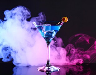 A vibrant cocktail glass with blue liquid, cherry, and olive garnish sits on a black surface, surrounded by pink-purple smoke, creating a dreamy, dark backdrop.