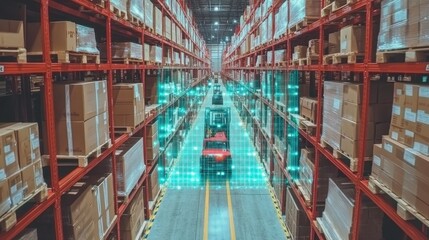 Autonomous forklifts transporting goods in modern automated warehouse