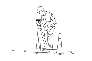 Simple continuous line drawing of surveyor engineer setting equipment. Engineer minimalist concept. Surveyor engineers with equipment, theodolite or total positioning station on the construction site