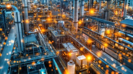 Fototapeta premium Petrochemical plant refining oil and gas at twilight, showing industrial infrastructure