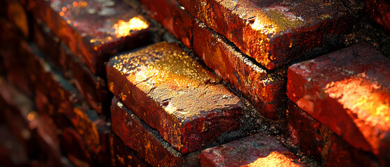 Close-up of a weathered brick wall illuminated by sunlight, with a golden hue highlighting, shimmer the texture and reddish-brown color of the bricks.