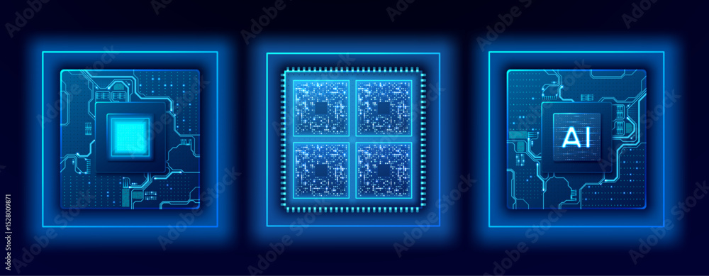 Fototapete Digital AI chip, semiconductor, and CPU on dark blue technology background. Tech microchips set with circuit board components. Artificial Intelligence innovation and computer electronics concept. 